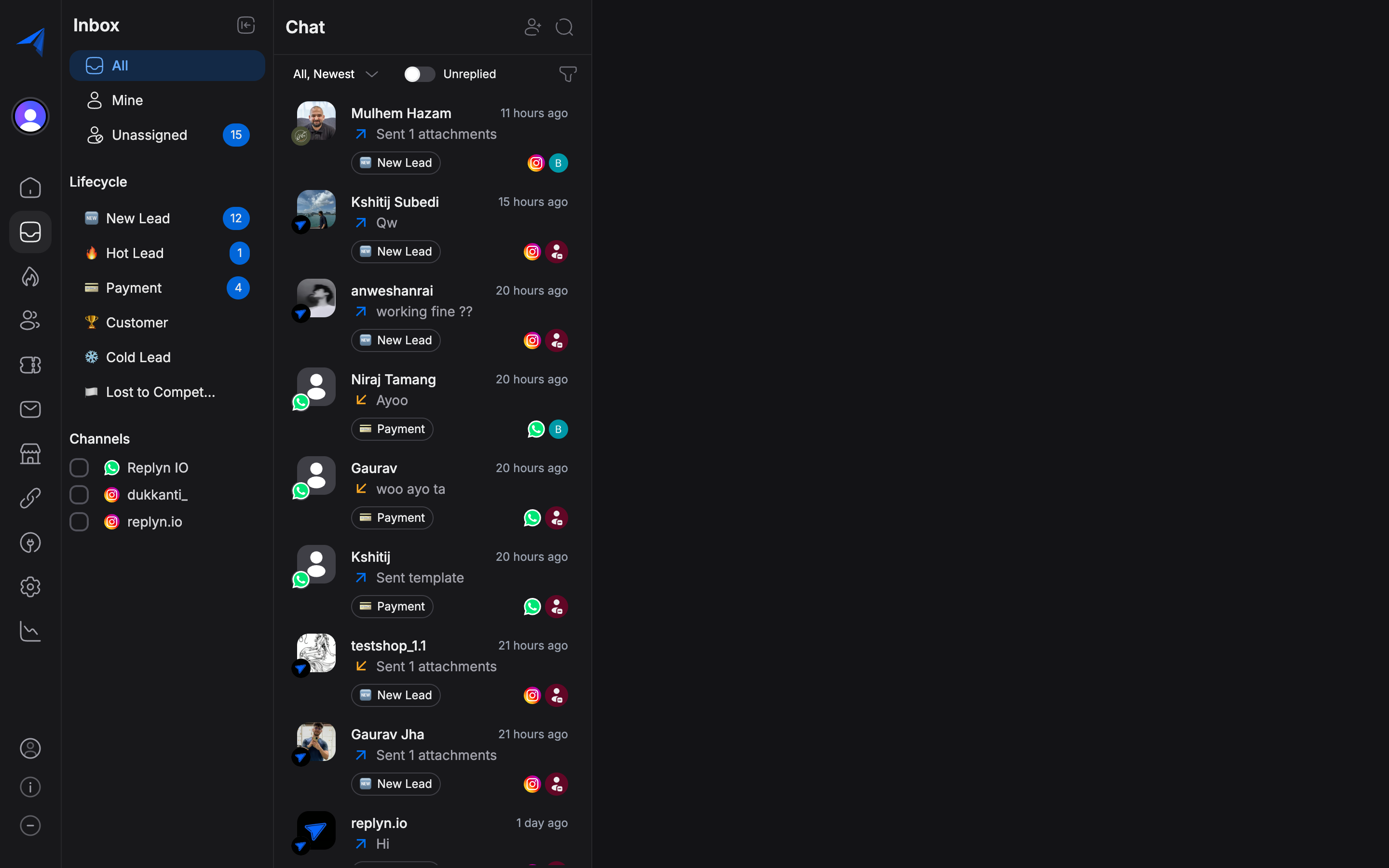 Facebook Messenger conversations in Replyn inbox